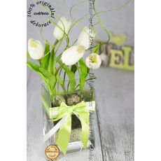 Jarní dekorace s bílými tulipány se stuhou ve váze ze skla.