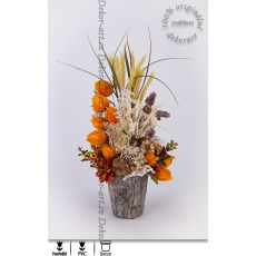 Podzimní kytice s mochyní v krásném květináči s dekorem dřeva