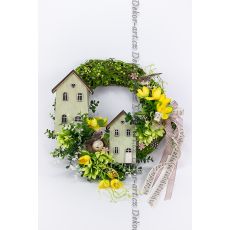 Jarní proutěný věnec s krokusy a domečky