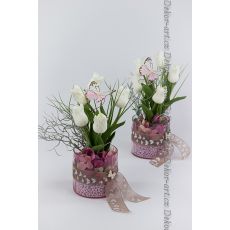 Jarní aranžmá s bílými papouščími tulipány  - růžové sklo